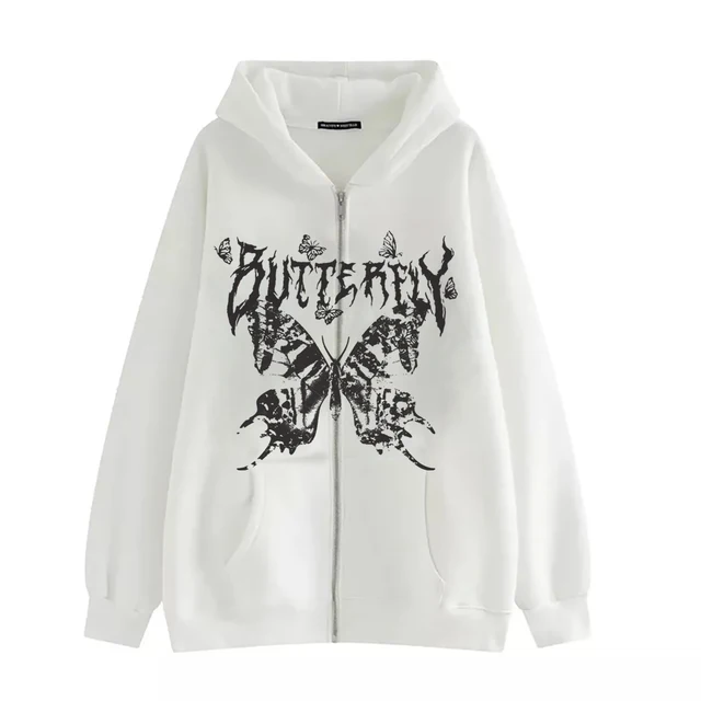 Y2k Butterfly Hoodie Women'S Zipper Harajuku Sweatshirt Fall/Winter Couples European And American Punk Oversized Hoodie Jacket L-0017 black