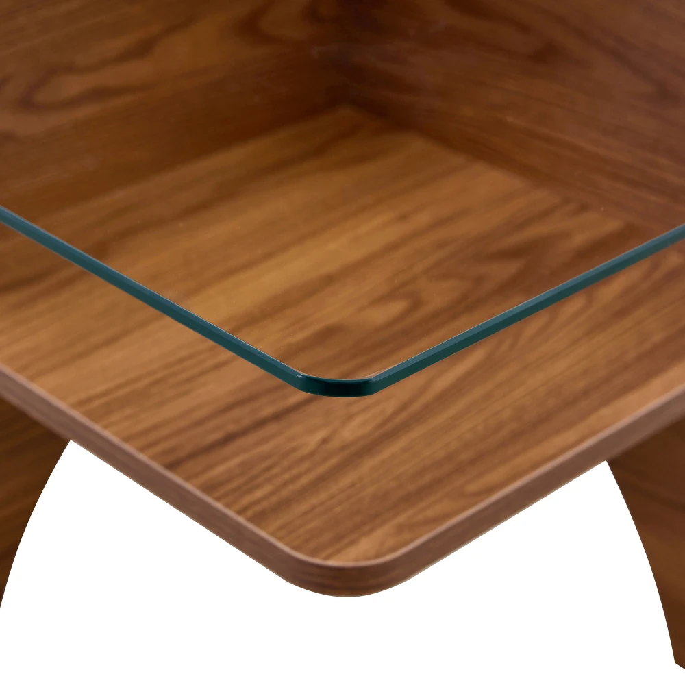 Moderner quadratischer Beistelltisch/Couchtisch aus Sicherheitsglas – 80 cm. Tischbeine aus MDF in Walnussholzoptik. Ideal für das Wohnzimmer – Detail 10