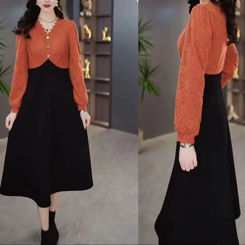 Falso due pezzi eleganti abiti con scollo a v 2024 autunno inverno elegante pizzo Patchwork bottone abbigliamento donna a-line vita Midi Dress 1
