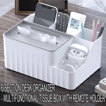Organizer da scrivania a 6 sezioni - Porta fazzoletti multifunzionale con porta telecomando in plastica per soggiorno, cucina e ufficio