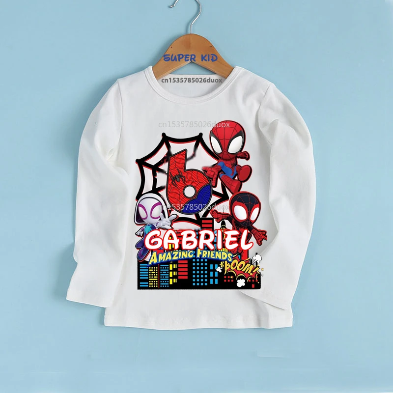 Autumn Spider-Man and His Amazing Friend Birthday Bottoming Kid Shirt 2-9 Year Personalize Name Birthday Boy Long Sleeve T-shirt 5
