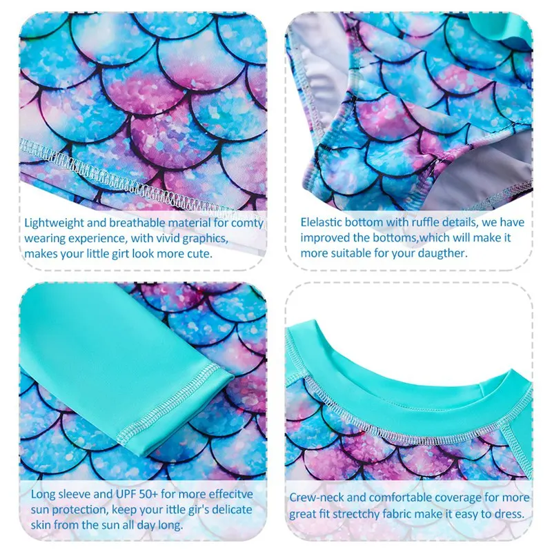 Children Swimsuit Girls' Two-Piece Split Swimsuit Sweet Long Sleeve Cartoon Fish Scale Print Pullover With Ruffle Briefs Beach Wear
