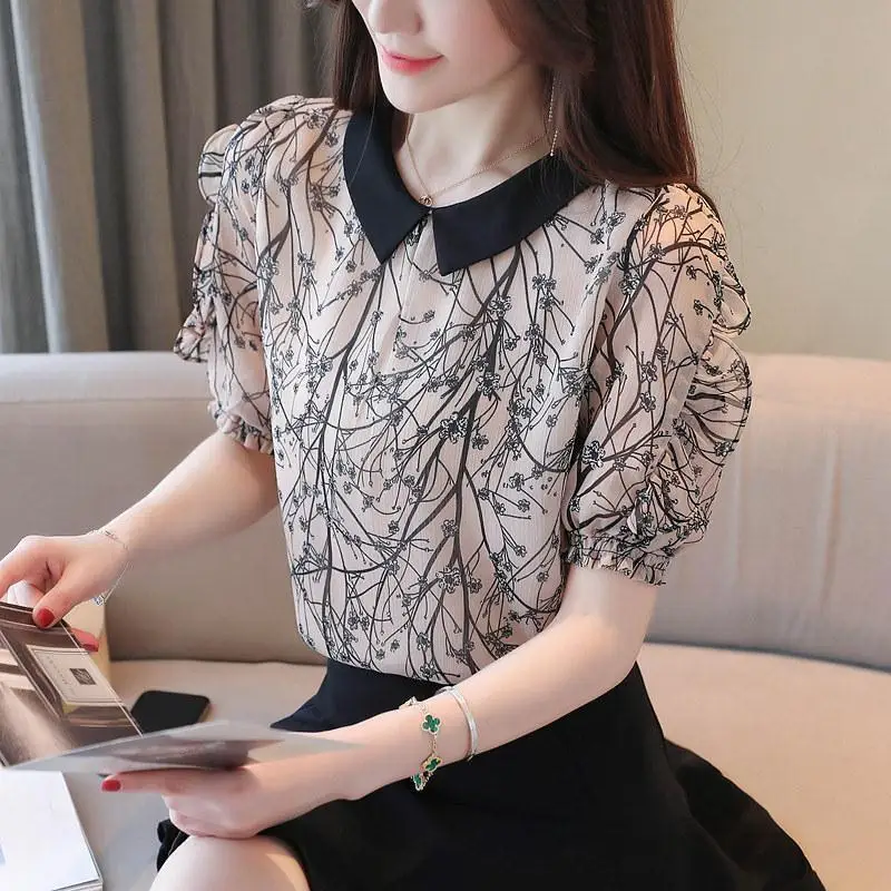 

Pullovers New Women's Summer Polo-Neck Printed Spliced Fashion Simplicity Loose Appear Thin Short Sleeved Floral Chiffon Tops