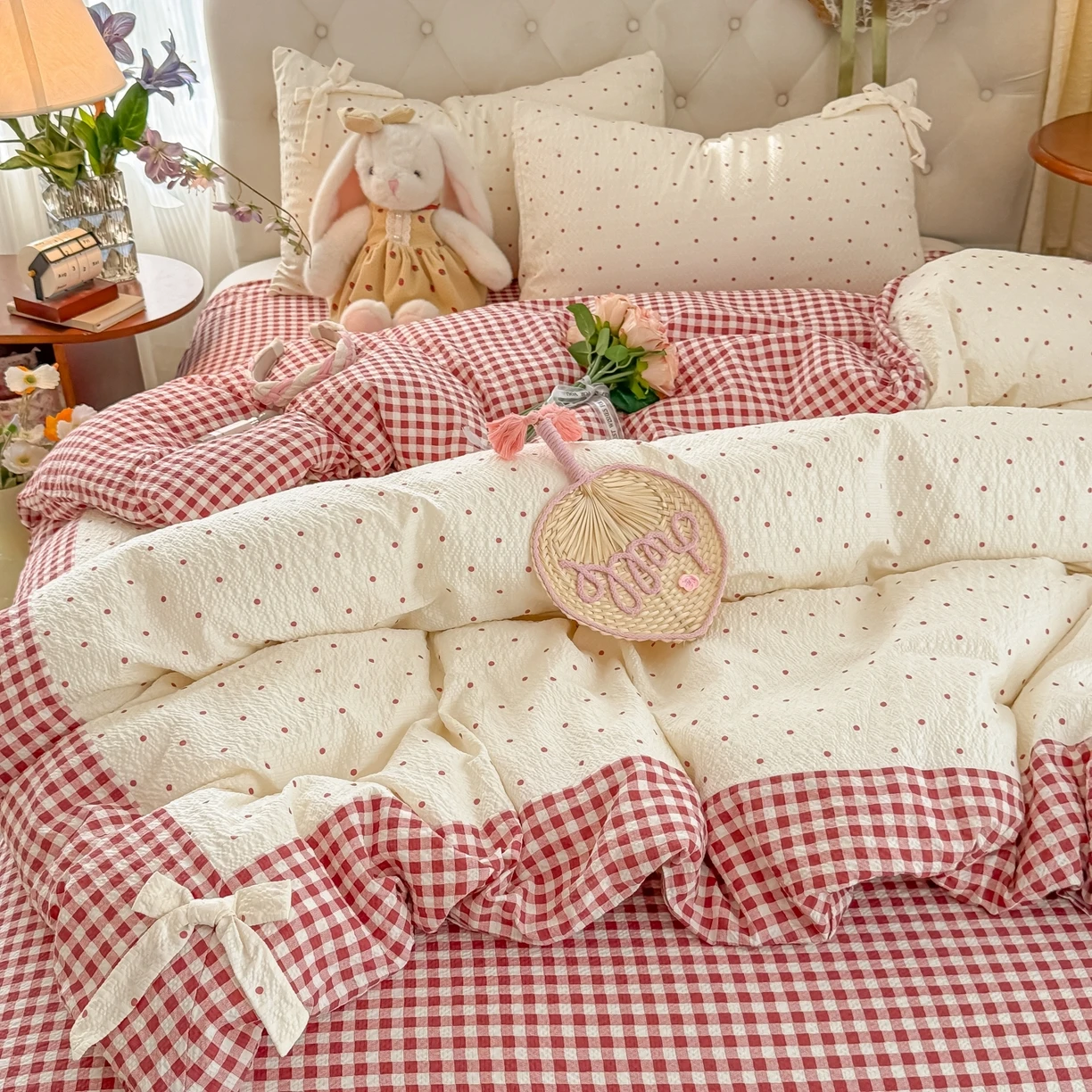 3/4Pcs Bedding Set Plaid Polka Dot Cotton Bedding Princess-Style For Home Double Bed Duvet Cover Bed Sheets With Pillowcase 1
