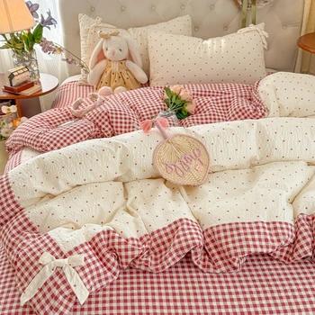 3/4Pcs Bedding Set Plaid Polka Dot Cotton Bedding Princess-Style For Home Double Bed Duvet Cover Bed Sheets With Pillowcase 1