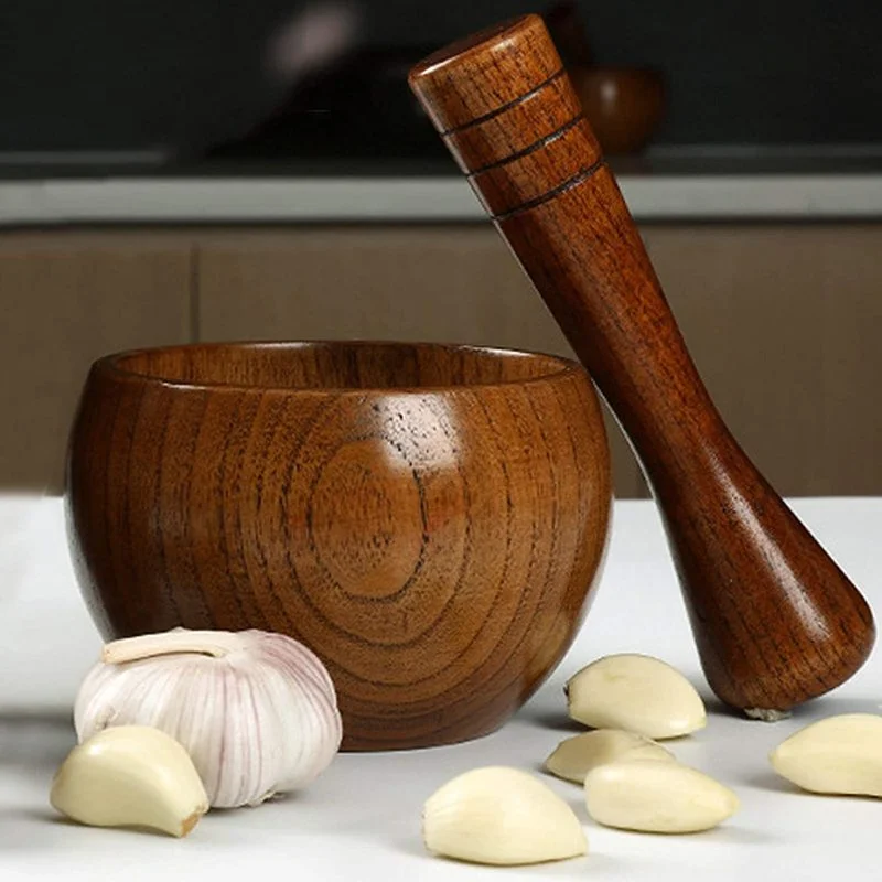 Wooden Mortar Pestle Pill Crusher Spice Grinder Herb Pesto Powder Bowl with Grip for Seasoning Paste Guacamole Kitchen Gadgets