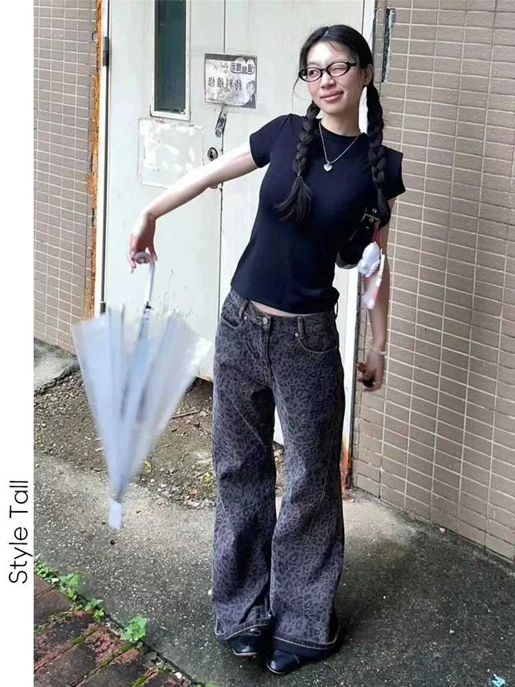 American Sle Leopard Print Straight Leg Jeans Low Waist Extended Length Women's Autumn Slimming Wide Leg Floor-Length Pants