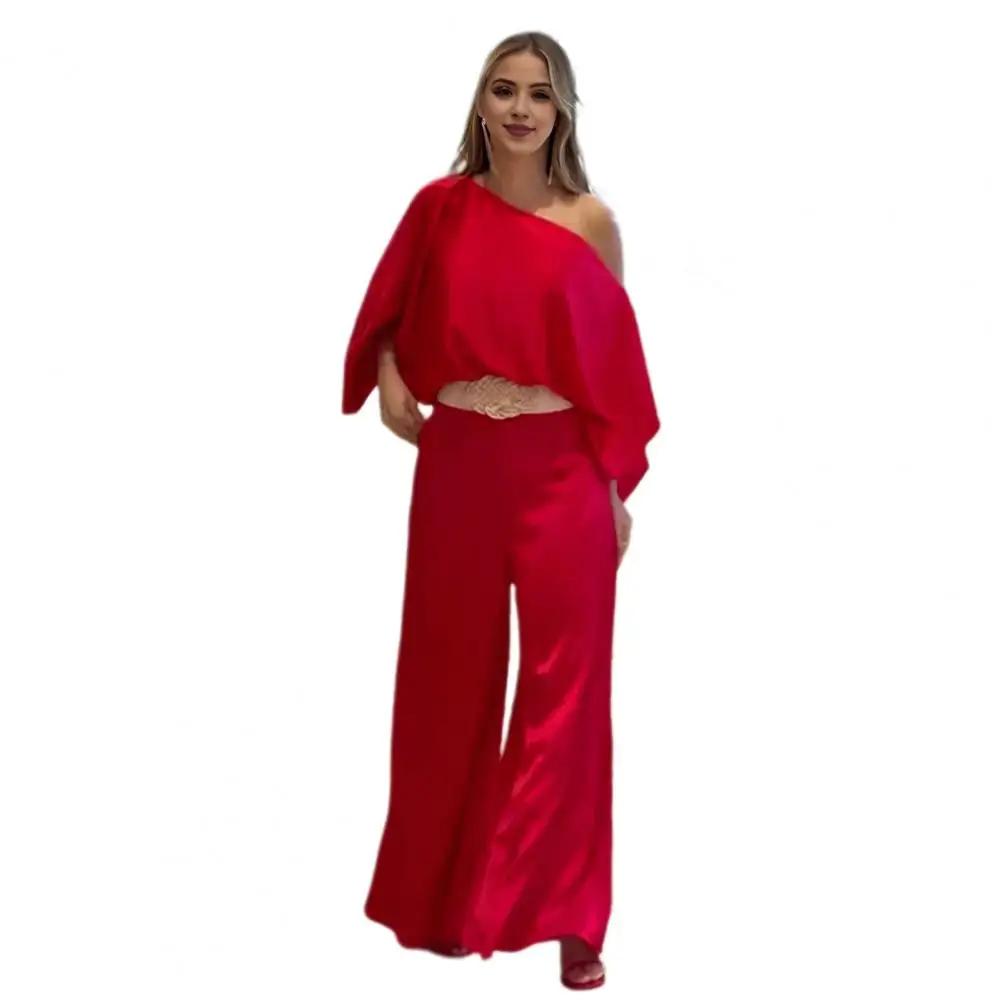 Women Long Sleeve Blouse Suit Elegant 3d Rose Print Women's Top Pants Set with One Shoulder Design High Waist Wide for Office