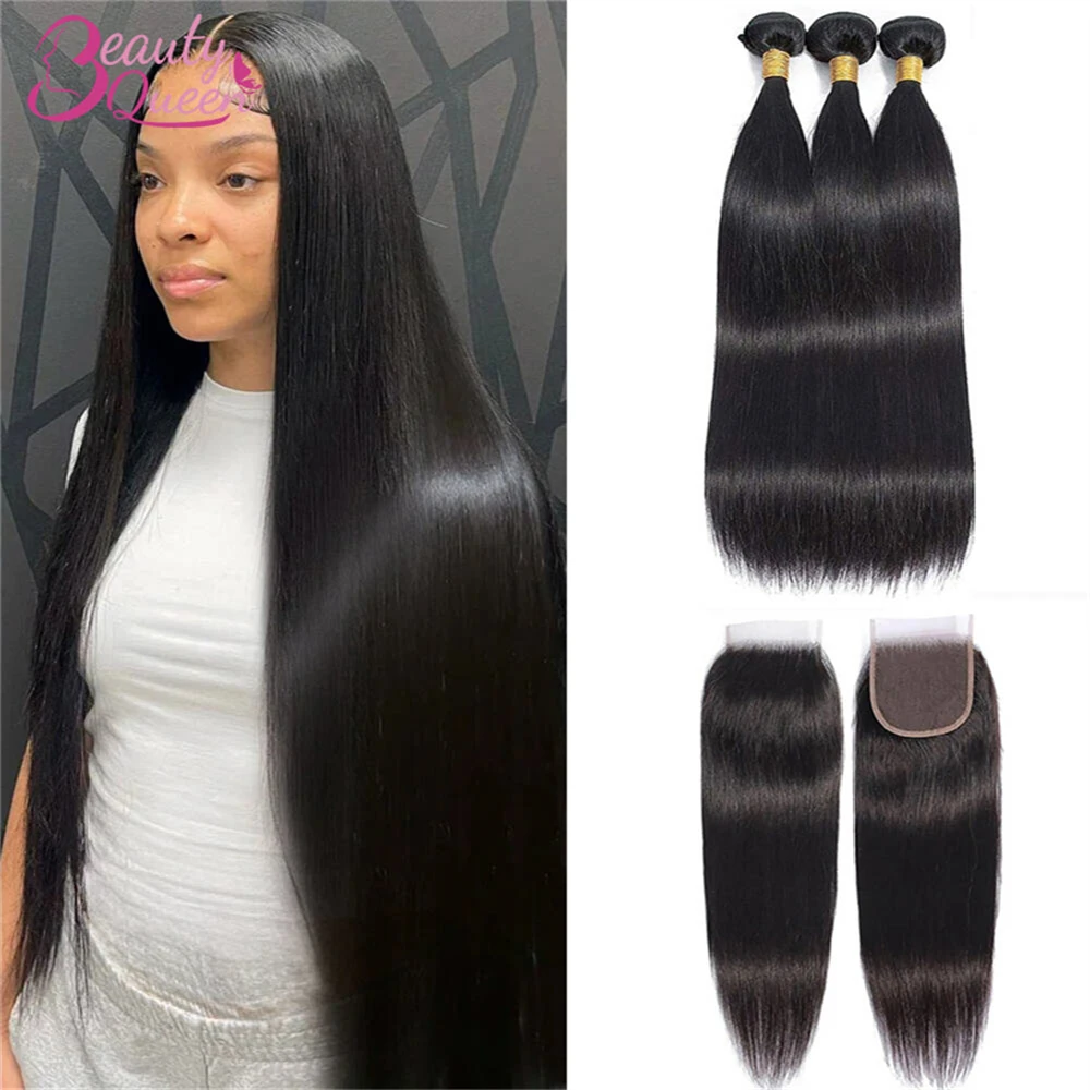 Bone Straight Human Hair Bundles With 4x4 Pre Plucked HD Lace Closure Hair Extensions Weavings 3 Bundles With Closure For Women