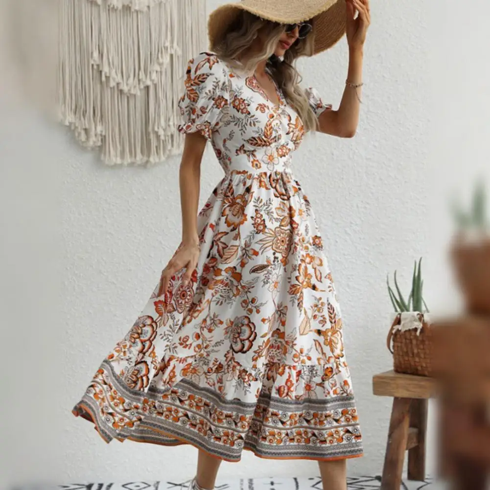 

Платье-миди летнее с цветочным принтом, V-образным вырезом и пышными рукавами
