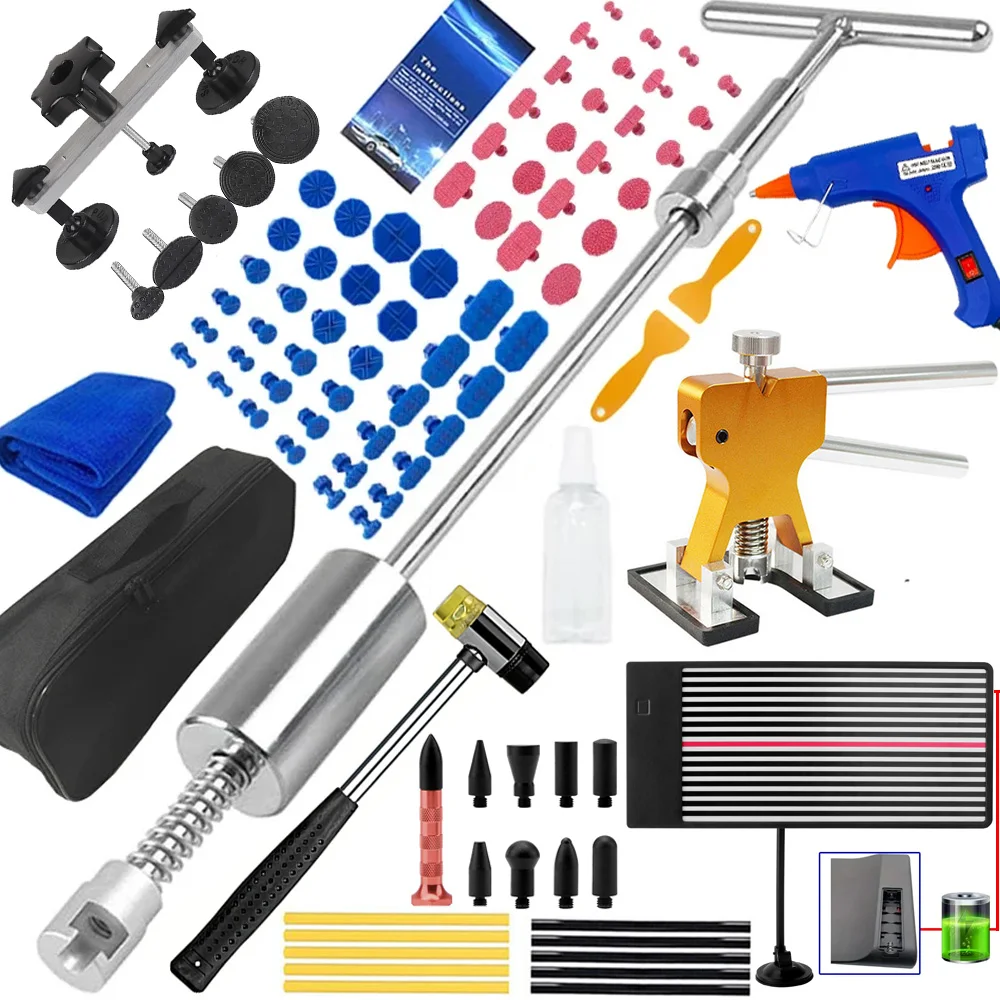 Auto Body Dent Repair Tools Kit Sheet Metal T Dent Puller Slide Hammer Reverse Hammer Glue Car Paintless Suction Cup Removal Set