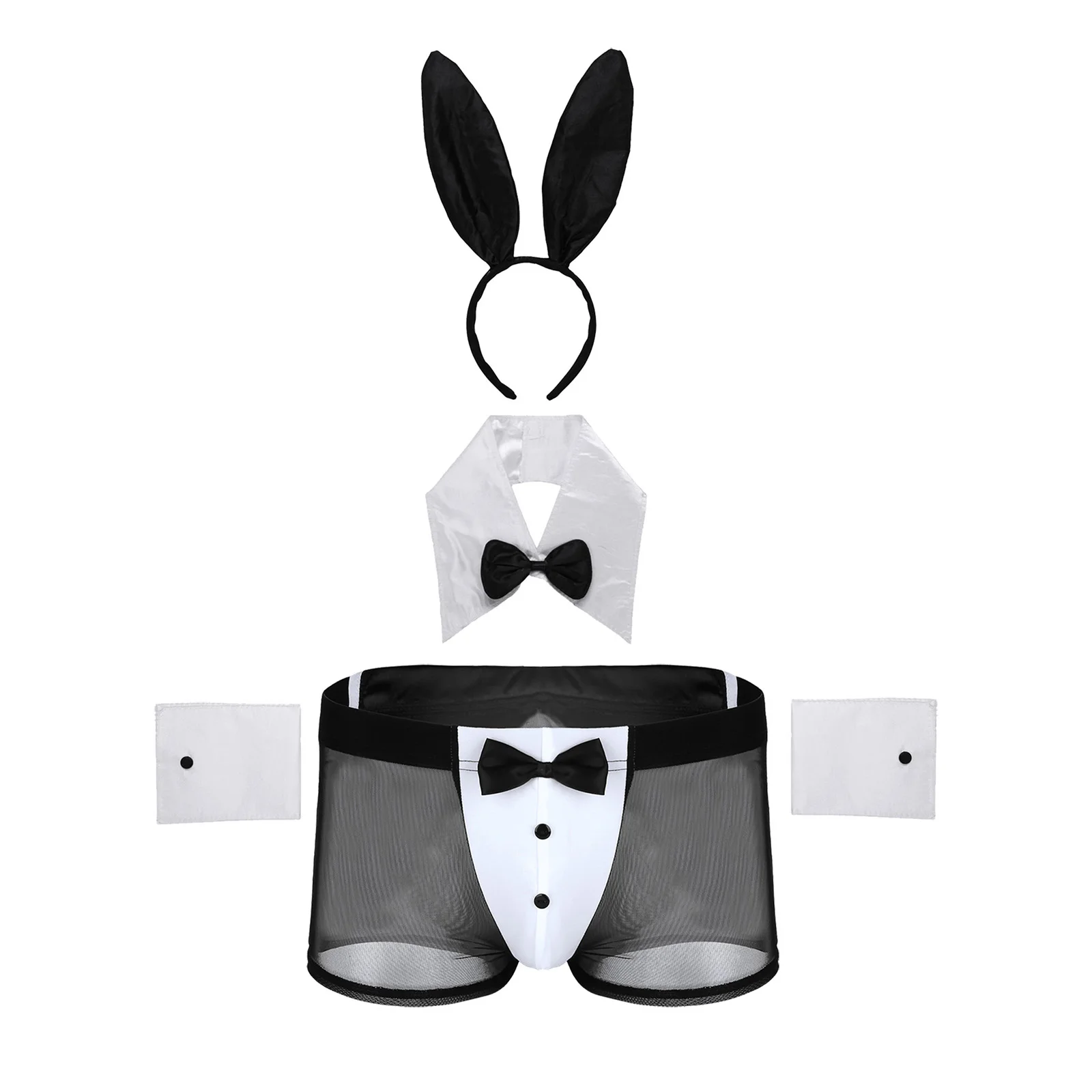 4pcs Mens Bartender Costume Waiter Outfit Erotic Costume Role Play Clubwear Underwear Set Bunny Ears Mesh Boxer Shorts Sexy Suit