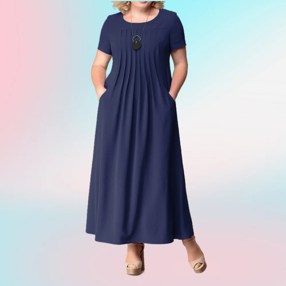 A Lin Plus Size Women Clothing Summer New Fashion Casual O-neck Solid Color Short Sleeve Pocket Maxi Dress 4XL 5XL Party Dresses