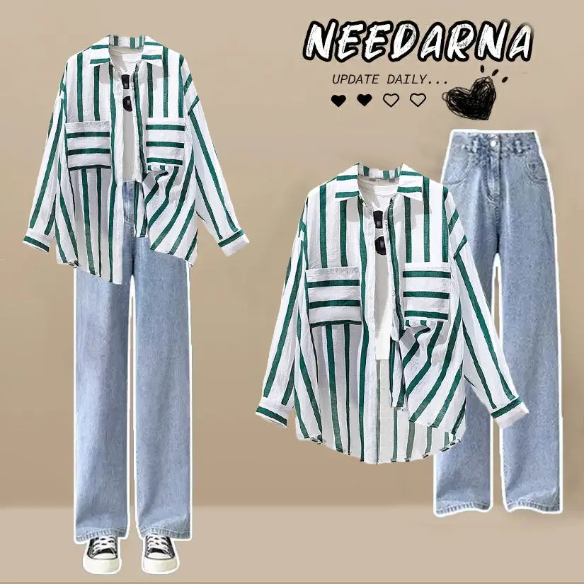 Summer Striped Patchwork Chiffon Shirt Wide Leg Pants Jeans Two-piece Elegant Women\'s Pants Set Casual Outfits Tracksuits