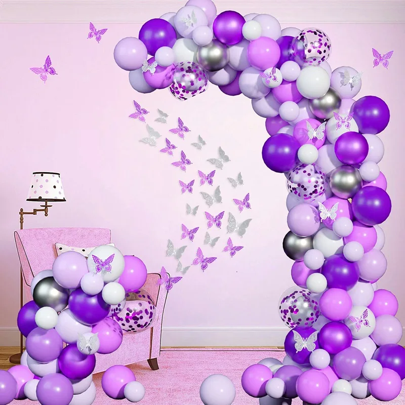 

149Pcs/Set Metallic Purple Balloons Garland Arch Kit Birthday Party Balloons Decor Wedding Purple Hollow Butterfly Decoration
