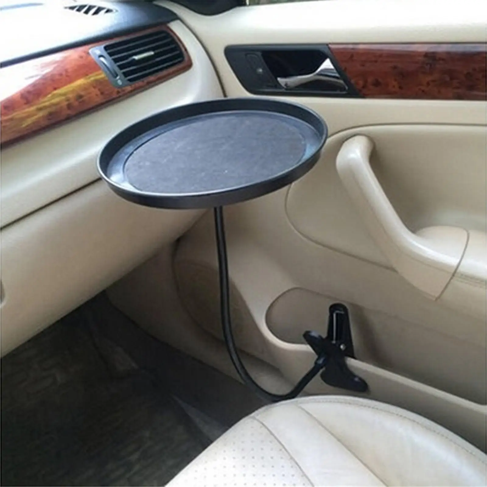 Car Food Tray Anti-Slip Round ABS Organizer Mount W/ Clamp Fit for Snacks