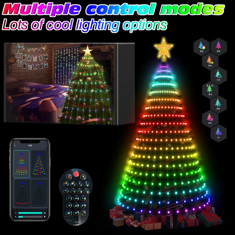 Christmas Tree RGB IC Star Waterfall String Lights Smart Bluetooth APP Remote Control Home Holiday Decor Fairy Lights Music Sync