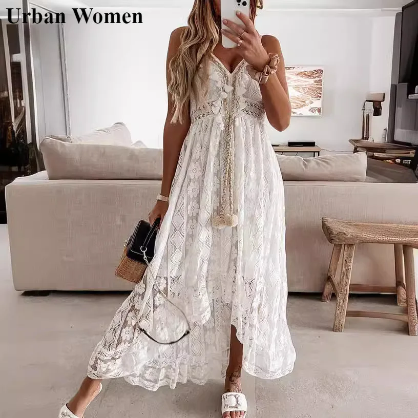 

Summer Elegant Beach Style Lace Dress Women Fashiona Solid V-neck Sleeveless Lace Irregular A-line Dress Women