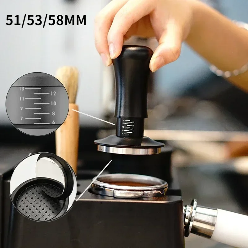 Coffee Tamper 51/53/58mm Adjustable with Scale Espresso Accessories Stainless Steel Flat Ripple Springs Calibrated Tamping