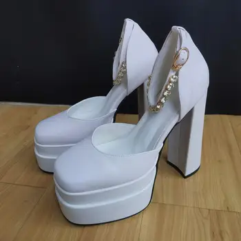 Sexy Women's Sandals Genuine Leather Pumps Summer New Thick High-Heel Platform Wedding Shoes White Pink Black Red Rose Big Size 5