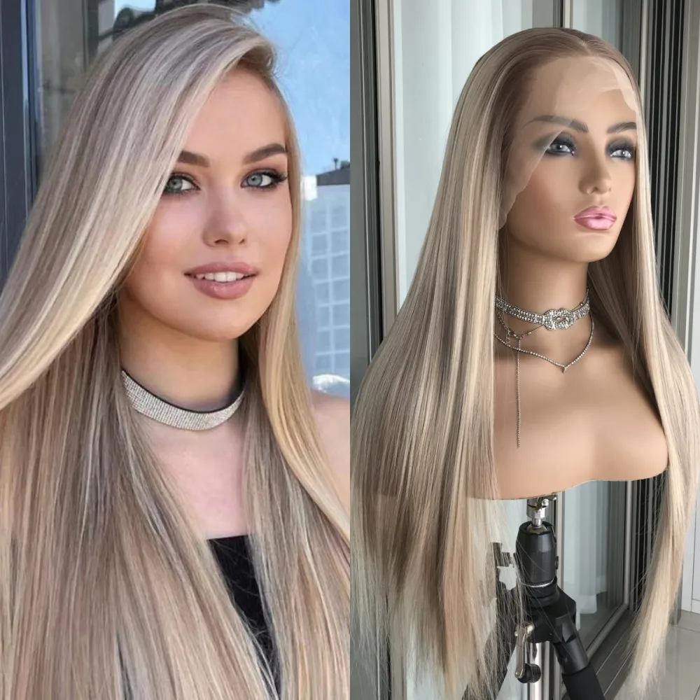 13x6 Lace Frontal Wig Highlight Brown Blonde Straight Synthetic Lace Wigs for Women Glueless Wear Go Wigs Looking Natural Daily