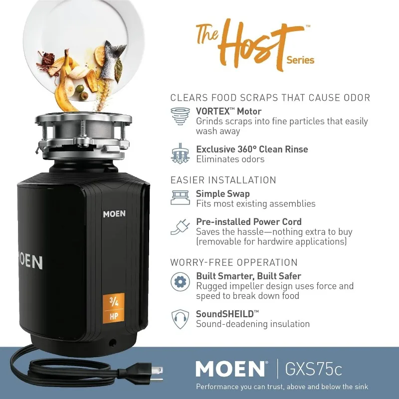 Moen Host Series 3/4 HP Continuous Feed Garbage Disposal with Sound Reduction for Kitchen Sink, Power Cord Included, GXS75C 6