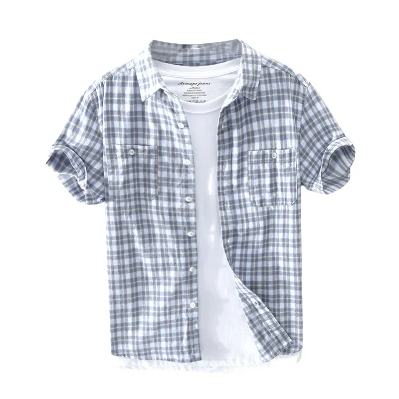 

2023 Summer Cotton Men's Checkered Short Sleeve Shirt Square Neck Double Pocket Casual Lightweight Youth Shirt Half Sleeve