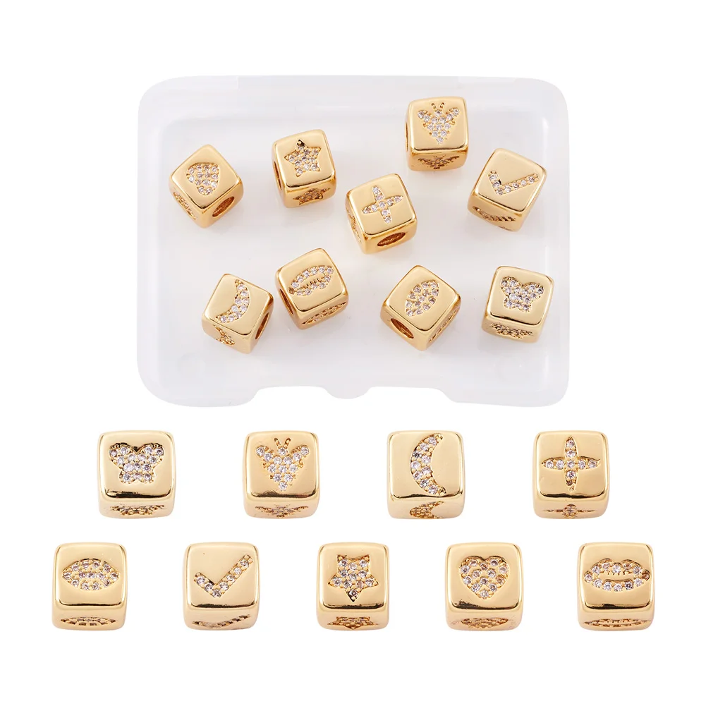 

Brass Cube with Star Heart Pattern Beads Micro Cubic Zirconia Paved Large Hole Long-Lasting Plated Beads For Jewelry Making