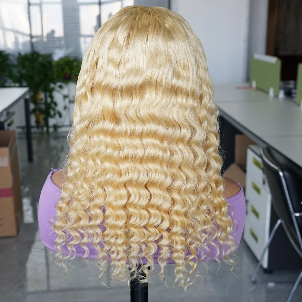 Put And Go 613 Honey Blonde Deep Wave Headband Scarf Wig For Women Indian Remy Human Hair Wigs Full Machine Made 12-26 Inch