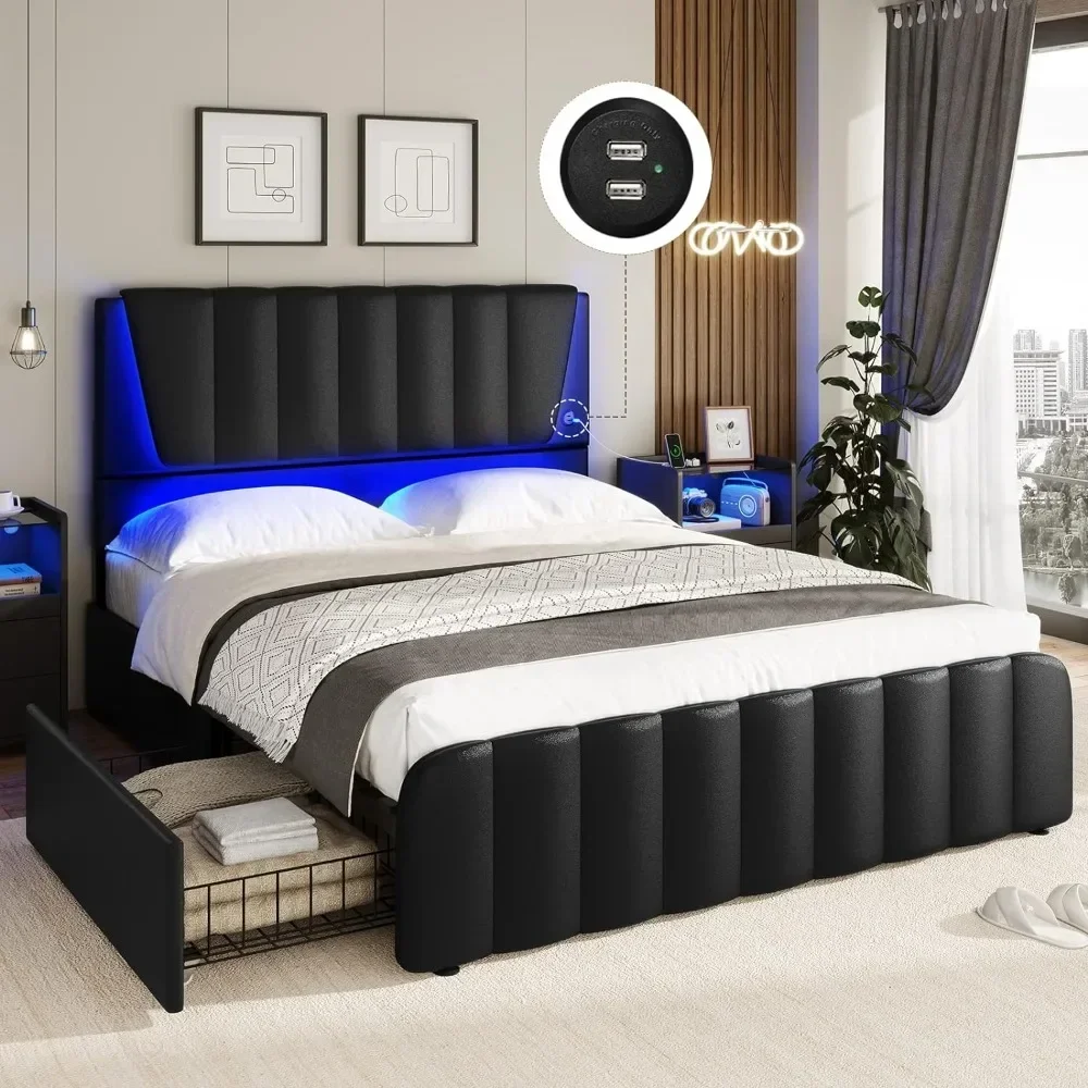 

Queen Bed Frame, Headboard and 4 Storage Drawer with Led Light & 2 USB Ports, Wooden Slats Support, Queen Bed