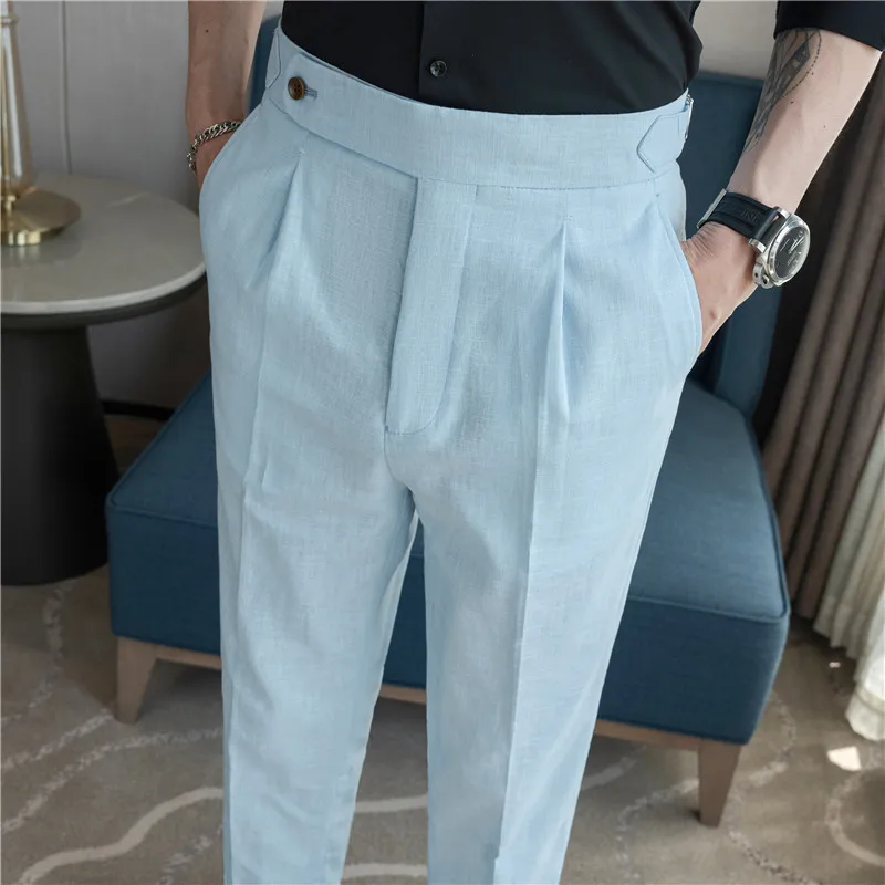 Summer Suit Pants Men Thin Cotton Linen Breathable Smart Casual Trousers Mens Solid Straight Dress Pants 90% Linen