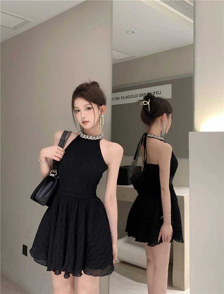 Elegant Halter Black Dresses for Women Summer New Backless Ruffles A-line Korean Birthday Party Dress Prom Short Vestidos Mujer