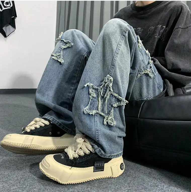 

New Fashion Stars Towel Embroidery Baggy Men Jeans Pants Y2K Clothes Straight Hip Hop Cotton Trousers Pantalon Homme mens jeans