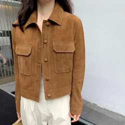 70s Women's Suede Jacket Classic Brown Genuine Sheepskin Single Breasted Vintage Long Sleeve  Parka Chic Outwear Tops TF5844
