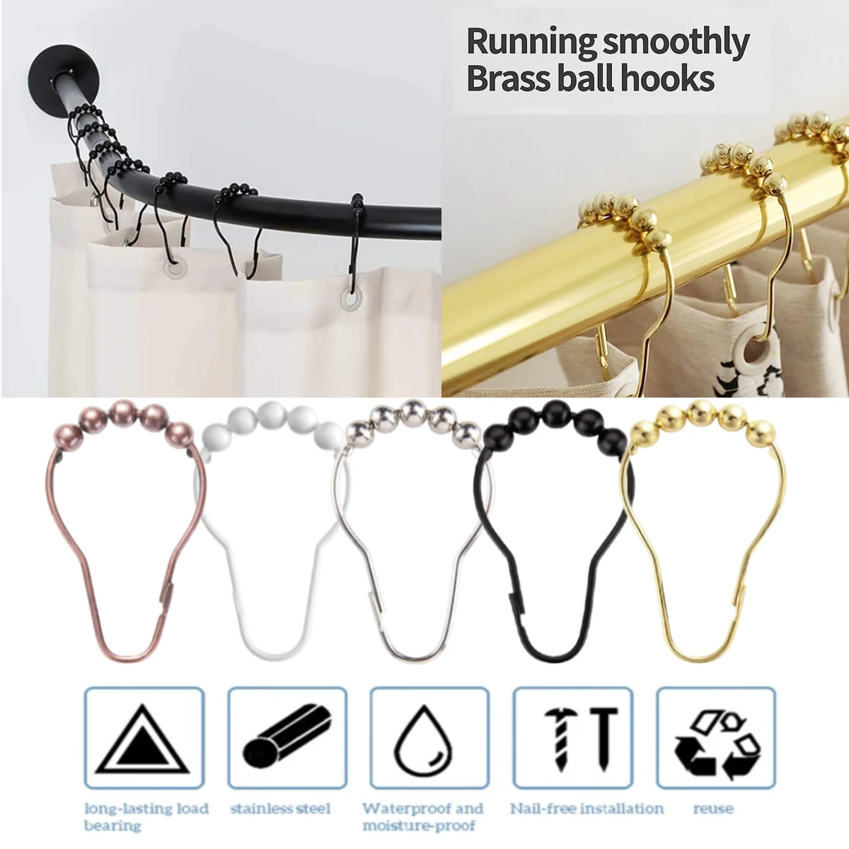 shower curtain hooks 12 Pcs/Set Shower Curtain Hooks 5 Rolling Ball Metal Hanging Rings Household Shower Rod Accessories