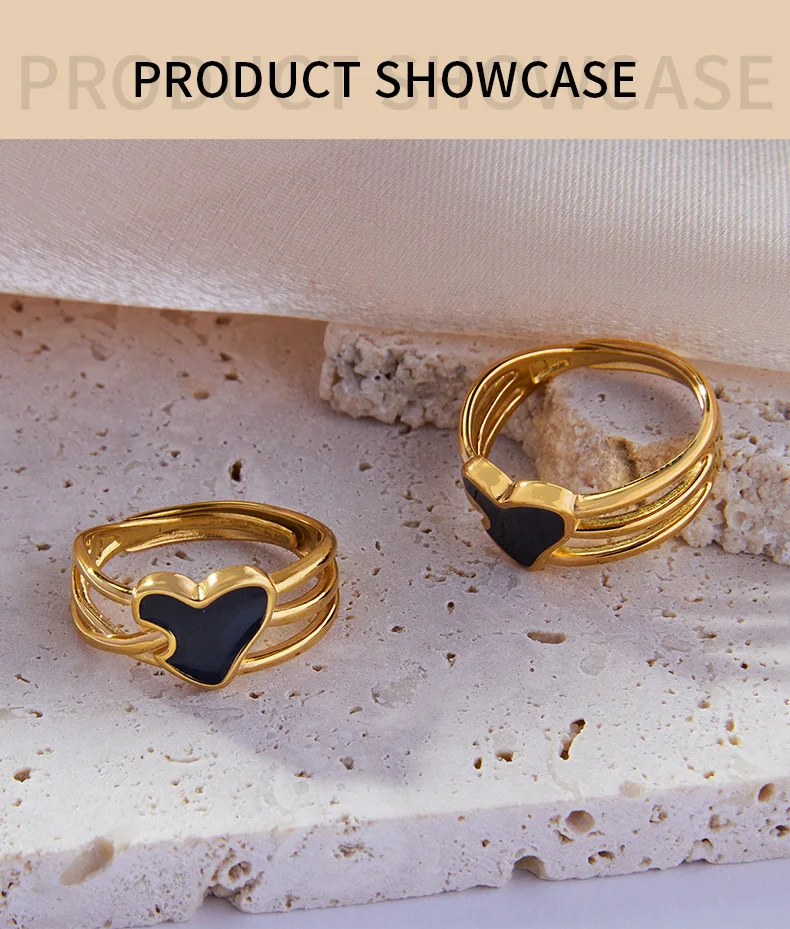Neuer schwarzer Emaille-Herzring für Damen, hochwertiger Edelstahl, 3-lagig vergoldeter Ring, luxuriöser Designer-Schmuck – Detail 7
