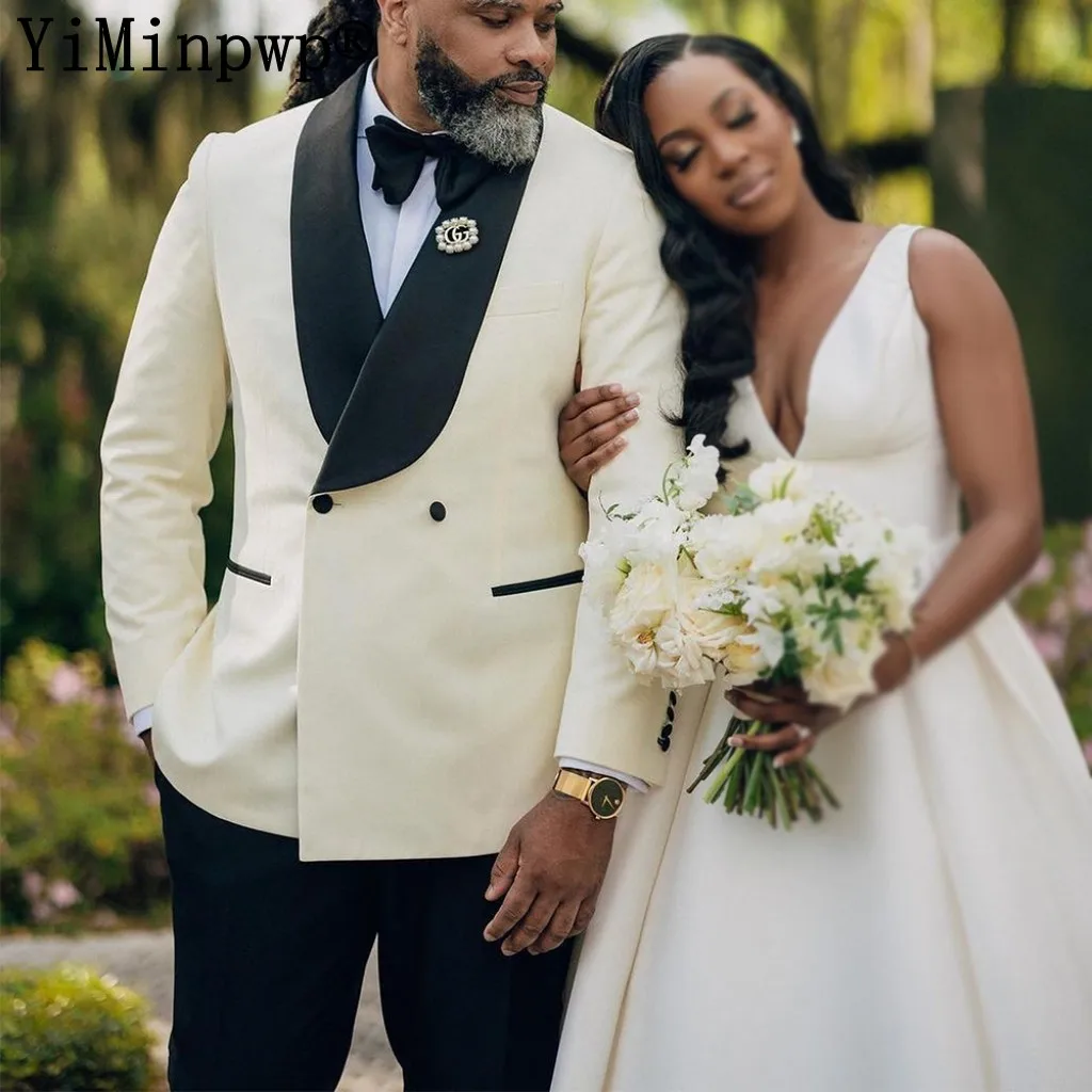 Ivory Wedding Suits for Groom 3 Pieces Mens Dinner Dress Double Breasted costume homme pour mariage Jacket+Vest+Pants+Bow