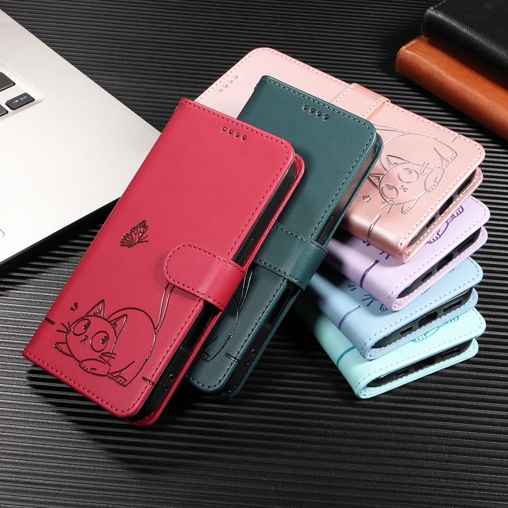 모토로라 모토 G04 G04S G05 G13 G23 G24 G32 G34 G45 G53 G54 G73 G85 5G 용 자기 지갑 플립 케이스 | 귀여운 고양이 양각 디자인