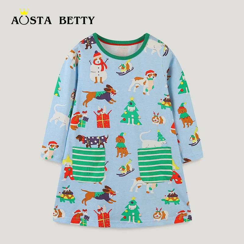 Autumn Arrival Cartoon Animals Pattern Long Sleeves Crew Neck Dress for Stylish Girls