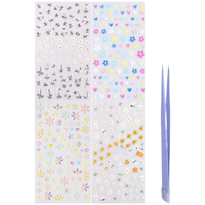 

Q1QD 4 Sheets 5D Flower Nails Decals Flower Nails Art Stickers Manicures Accessories