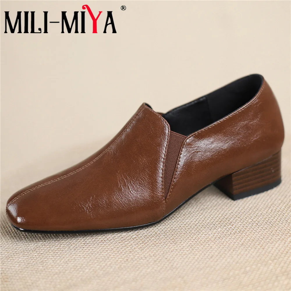 

MILI-MIYA Fashion Round Toe Women Cow Leather Pumps Thick Heels Solid Color Slip On Plus Size 34-42 Casual Shoes Handmade