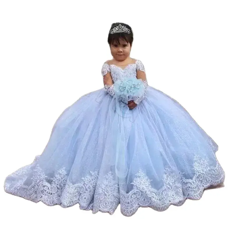 Flower Girl Dresses Long Sleeves For Wedding Lace Appliqued Toddler Pageant Ball Gown Tulle Made Flower Girl Dresses,Floral Appliqu&eacute; Dress,Girls Dresses