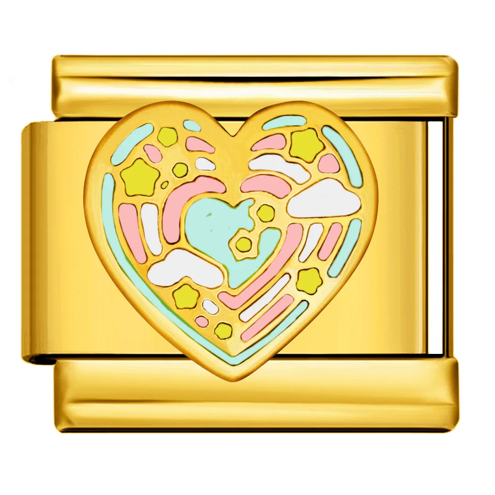 URING Romantischer Doppelherz-Anhänger, italienisches Gliederarmband, passend für 9 mm Edelstahl-Armbänder in Goldfarbe, für Frauen, DIY-Schmuck, Geschenk – Detail 5