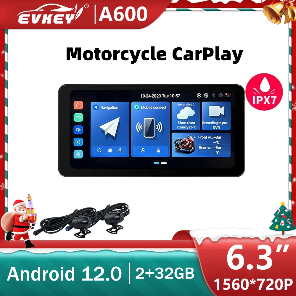 

EVKEY 6.3” Android 12 8-Cores Portable Motorcycle LCD Display 2+32GB Wireless CarPlay Android Auto 1080P Front Rear Cam GPS IPX7