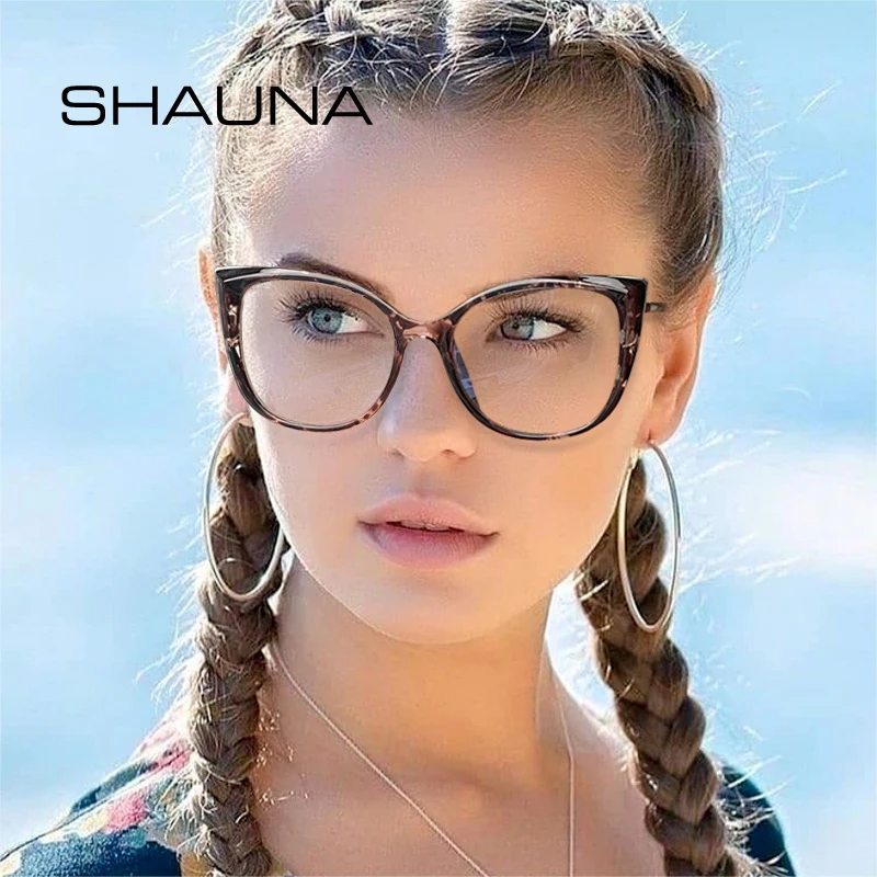 SHAUNA TR90 Metal Cat Eye Spring Hinge Women Glasses Frame Clear Anti Blue Light Eyewear Men Optical Frame Computer Goggles