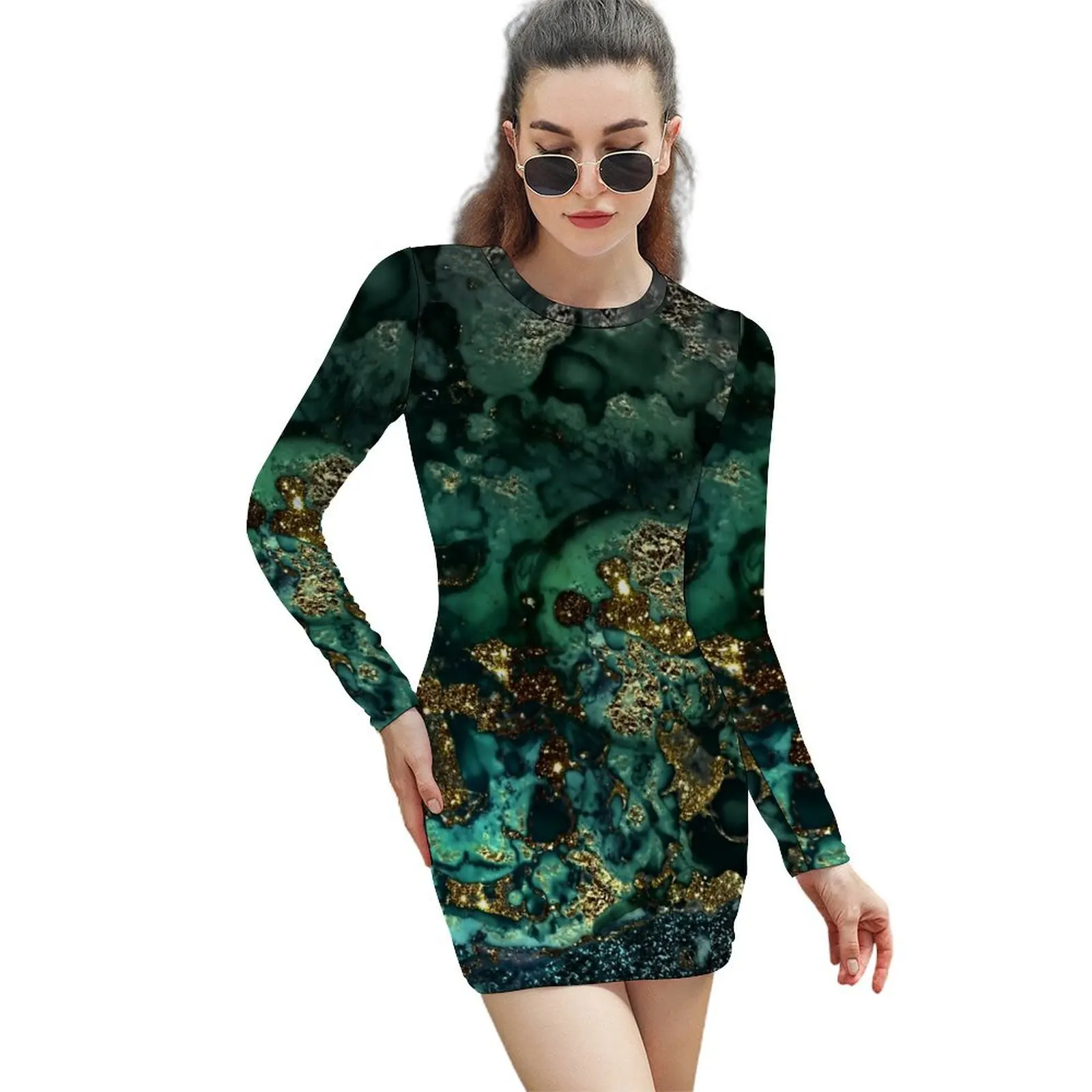 Gold Indigo Faux Malachite Marble Long-Sleeved Sheath Dress Party dresses for women dress for women summer long sleeve dresses