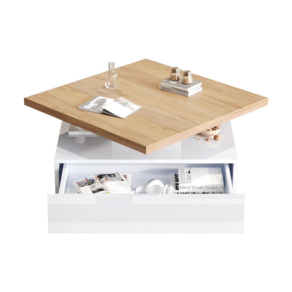Multifunktionales Quadrat 360° ° Drehbarer Couchtisch, Hochglänzender 2-stufiger Mitteldrehtisch, Aufbewahrungsschrank, Beistelltisch für das Wohnzimmer – Detail 9