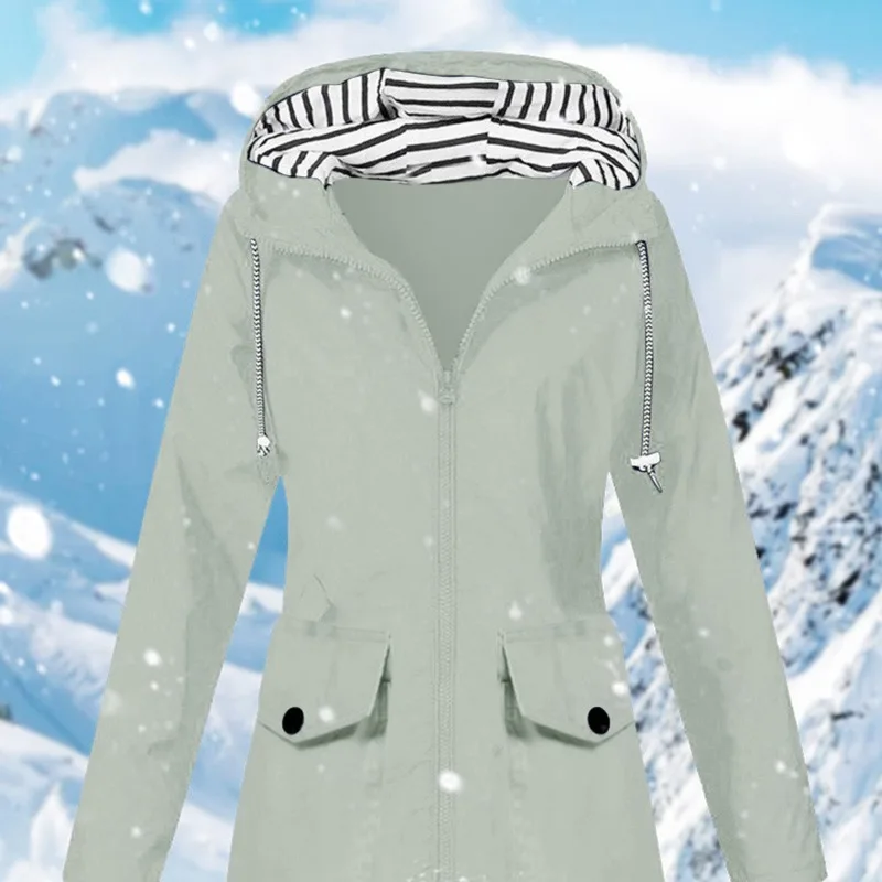 Autumn and Winter Women's Solid Color Spliced Long Sleeve Striped Midi Hooded Slim Zipper Pockets Fashion Casual Formal Tops