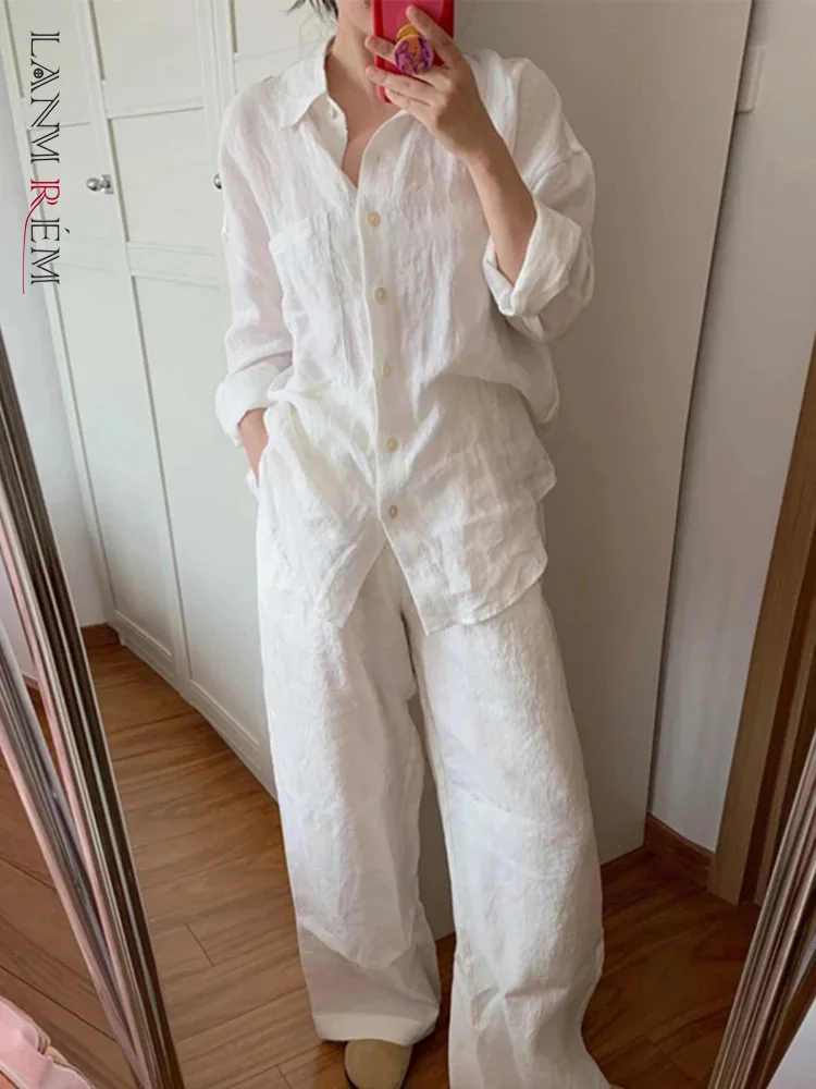 

[LANMREM] Minimalism Linen 2 Piece Set Women Lapel Single Breasted Shirts Elastic High Waist Loose Pants 2024 Summer New 26D9277