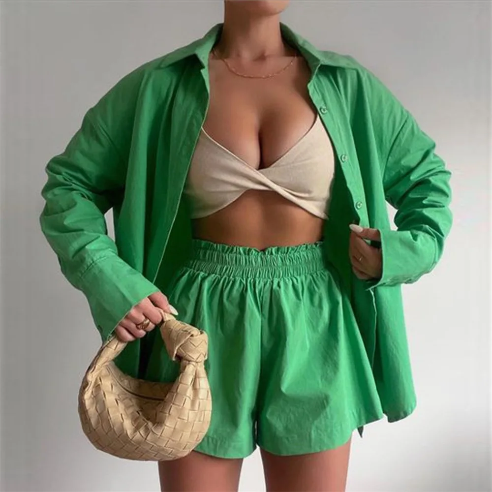 Summer Office High Waist Shirt Women Turn Down Collar Long Sleeve Tops and Shorts Suit Cotton Casual Two Piece Sets